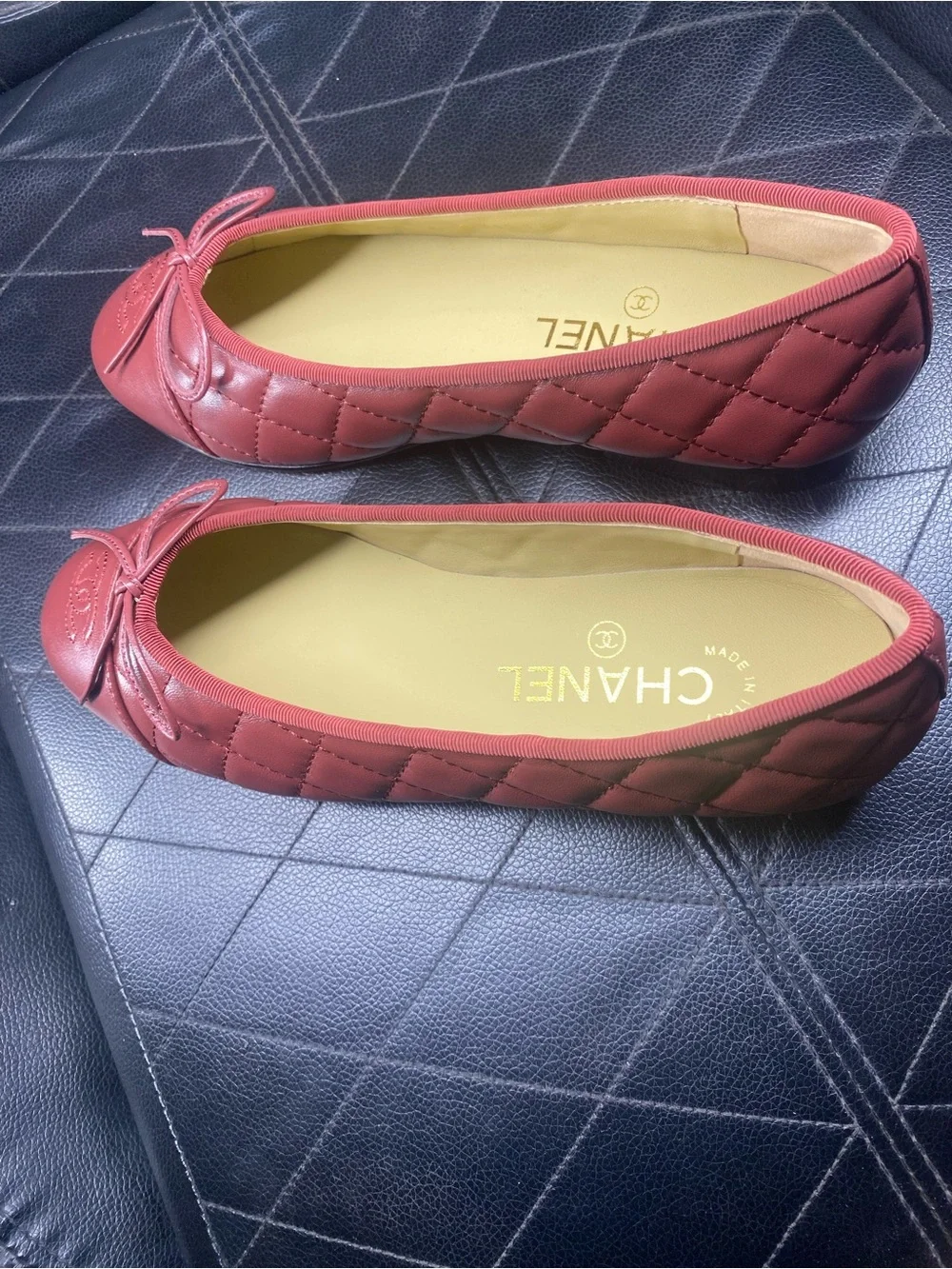 CHANEL Burgundy Leather Quilted CC Bow Ballet Flats 37EU